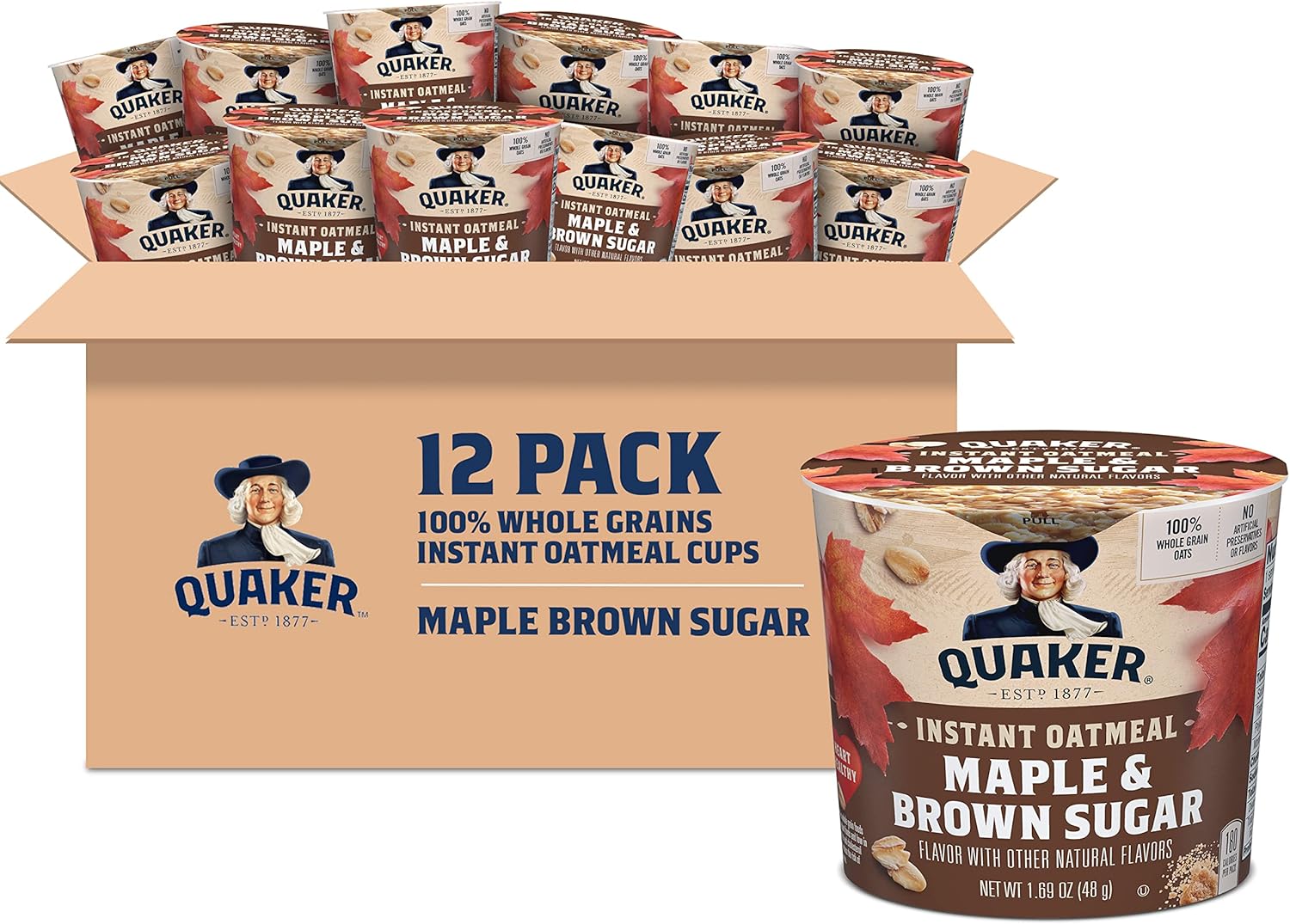 Quaker Instant Oatmeal Express Cups, Maple & Brown Sugar, 1.69 Ounce (Pack of 12)