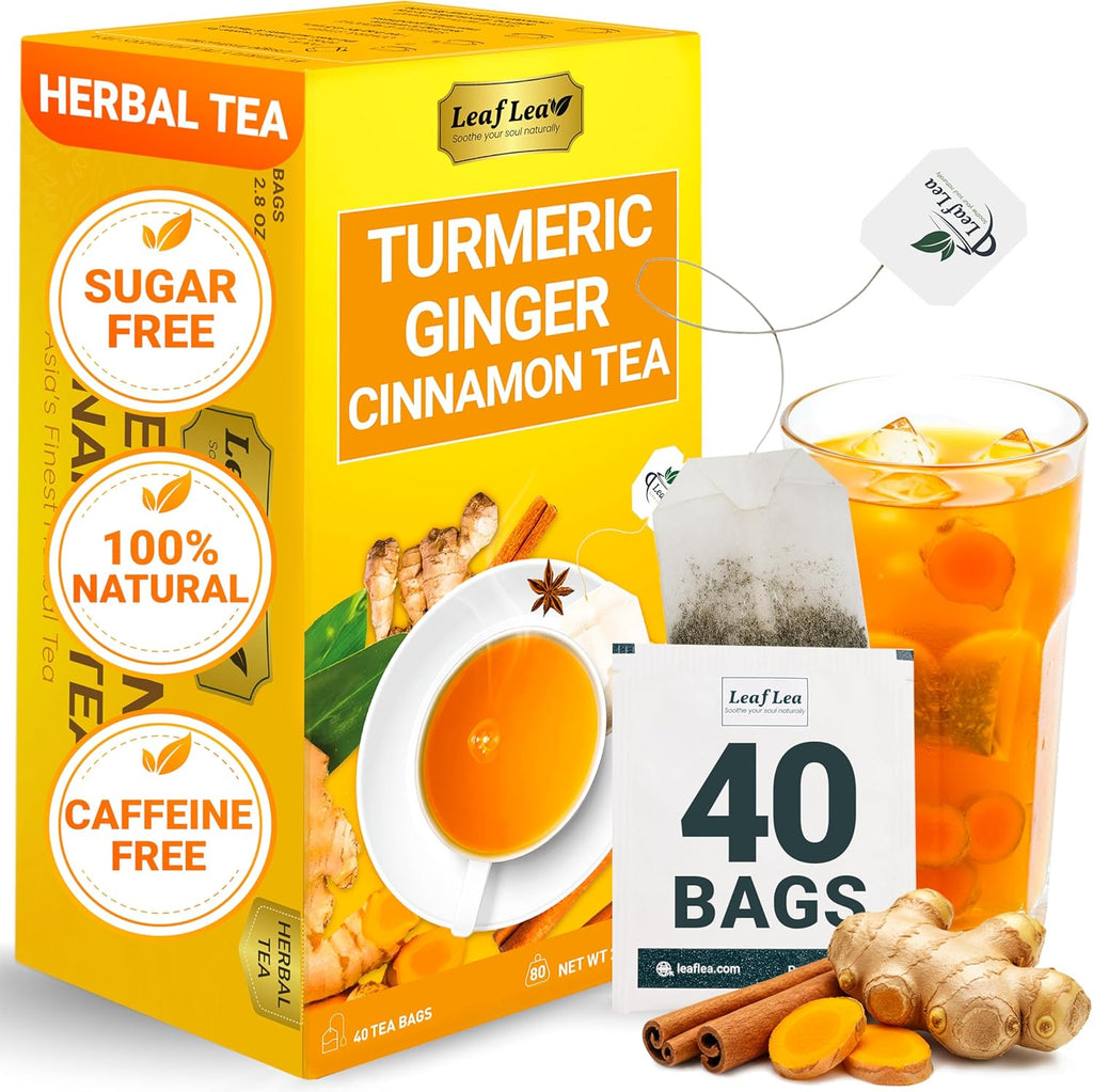 LeafLea 40 Turmeric Ginger Cinnamon Tea Bags, 100% Natural Ingredients Herbal Tea, Turmeric Ginger Herbal Blend for Wellness, Vegan, No Sugar, Caffeine-Free, Individually Wrapped for Freshness