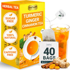 LeafLea 40 Turmeric Ginger Cinnamon Tea Bags, 100% Natural Ingredients Herbal Tea, Turmeric Ginger Herbal Blend for Wellness, Vegan, No Sugar, Caffeine-Free, Individually Wrapped for Freshness
