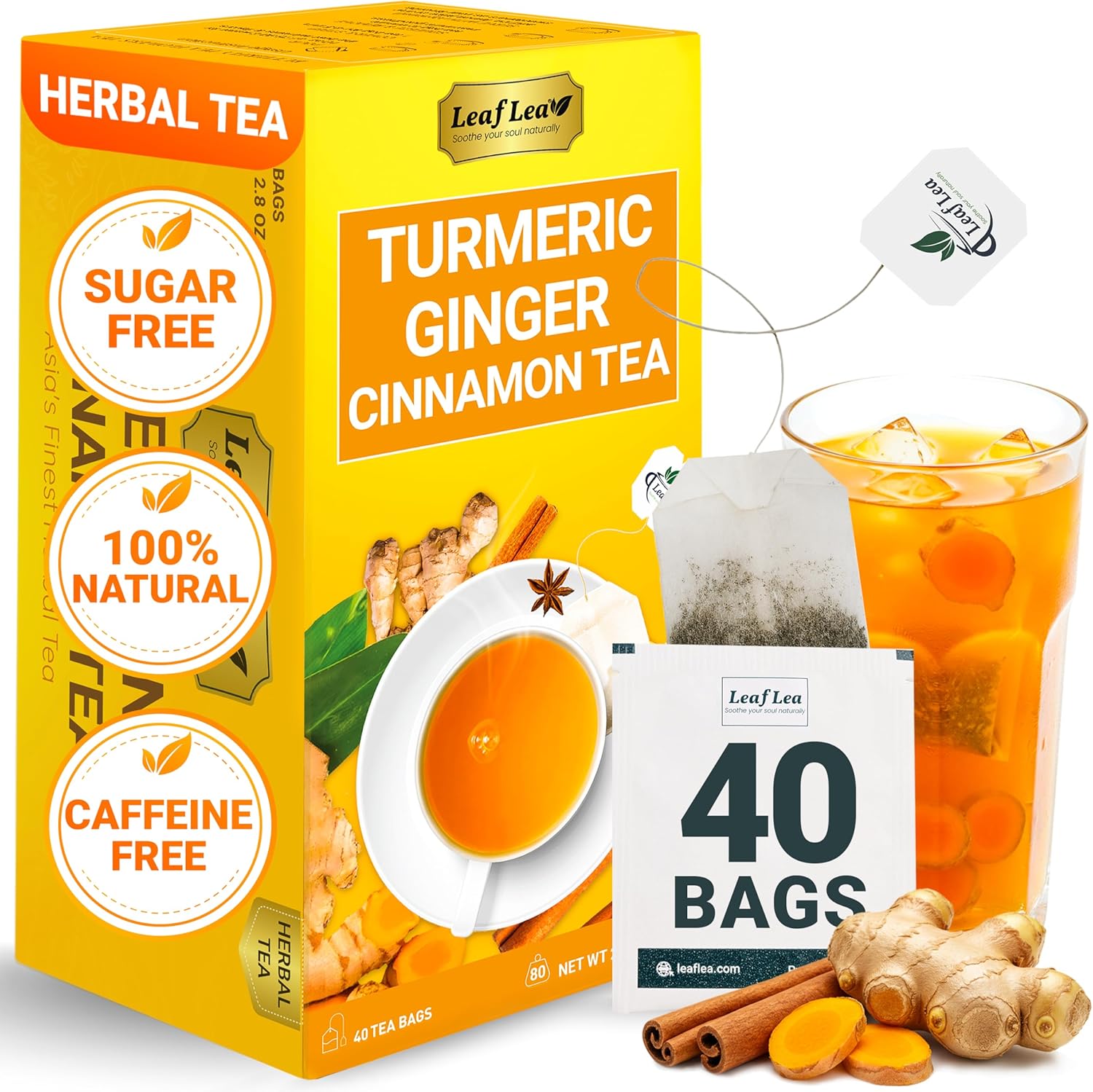LeafLea 40 Turmeric Ginger Cinnamon Tea Bags, 100% Natural Ingredients Herbal Tea, Turmeric Ginger Herbal Blend for Wellness, Vegan, No Sugar, Caffeine-Free, Individually Wrapped for Freshness
