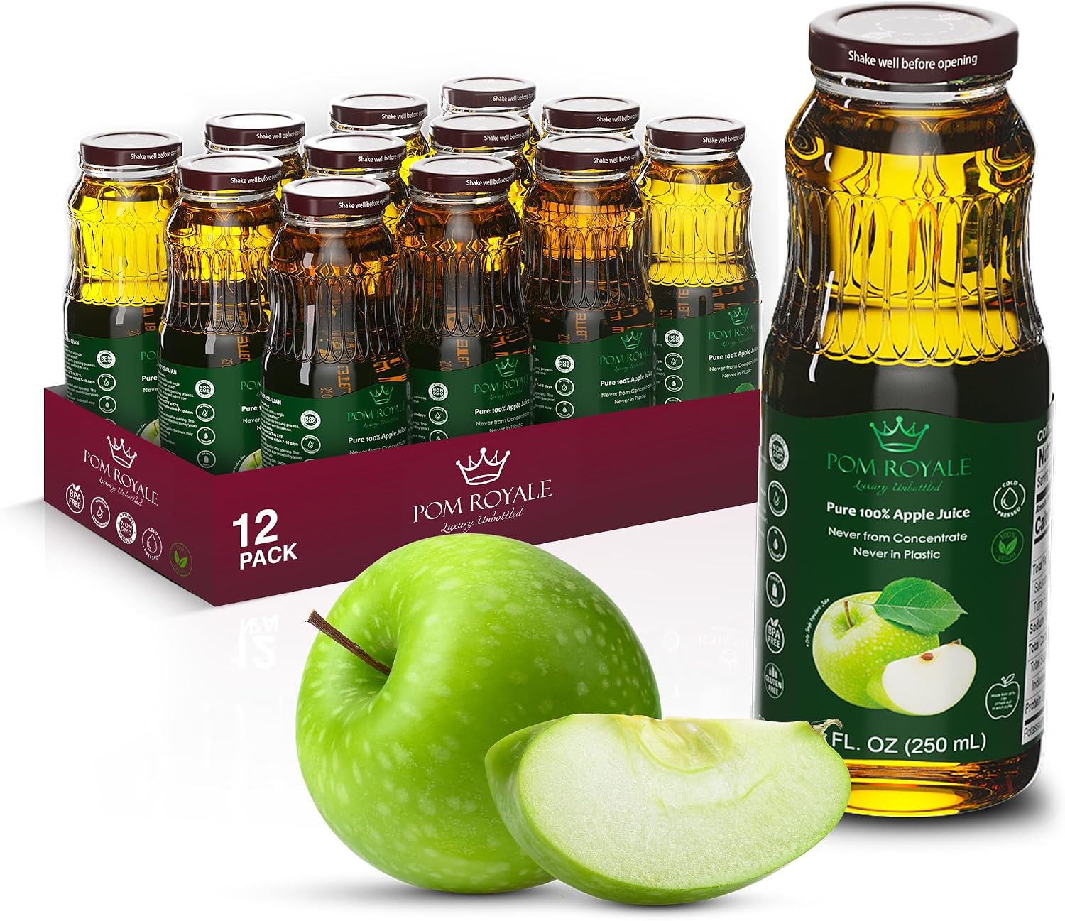 Pure Apple Juice, 8.4oz Glass Bottle (Pack of 12), Cold Pressed Juice, Not from Concentrate, Non-GMO, No Sugar Added, Gluten Free, Kosher Certified, Preservative Free