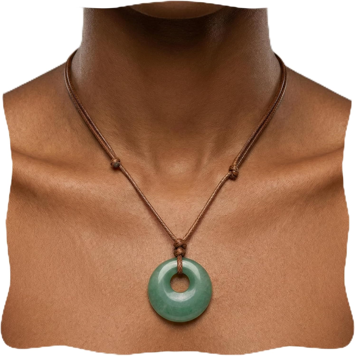 Green Jade Necklace, Natural Gemstone Lucky Coin Pendant Necklace for Women Men, Charm Donut Crystal Amulet Necklace