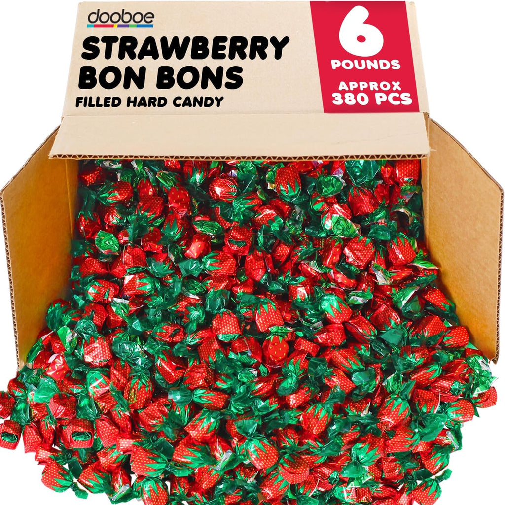 Dooboe Strawberry Hard Candy – 6 lb Bulk – Strawberry Filled Bon Bons – Individually Wrapped Red Candy, Offices & Candy Bowls