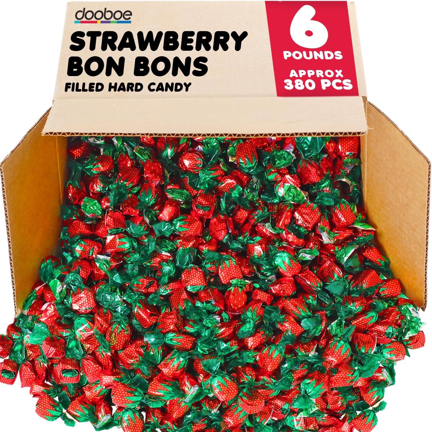 Dooboe Strawberry Hard Candy – 6 lb Bulk – Strawberry Filled Bon Bons – Individually Wrapped Red Candy, Offices & Candy Bowls