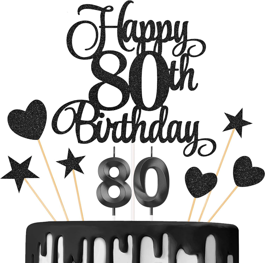 80th Birthday Cake Decorations, 80th Birthday Candles Cake Numeral Candles and Glitter Happy 80th Birthday Cake Toppers Set for Birthday Party Supplies (Black)