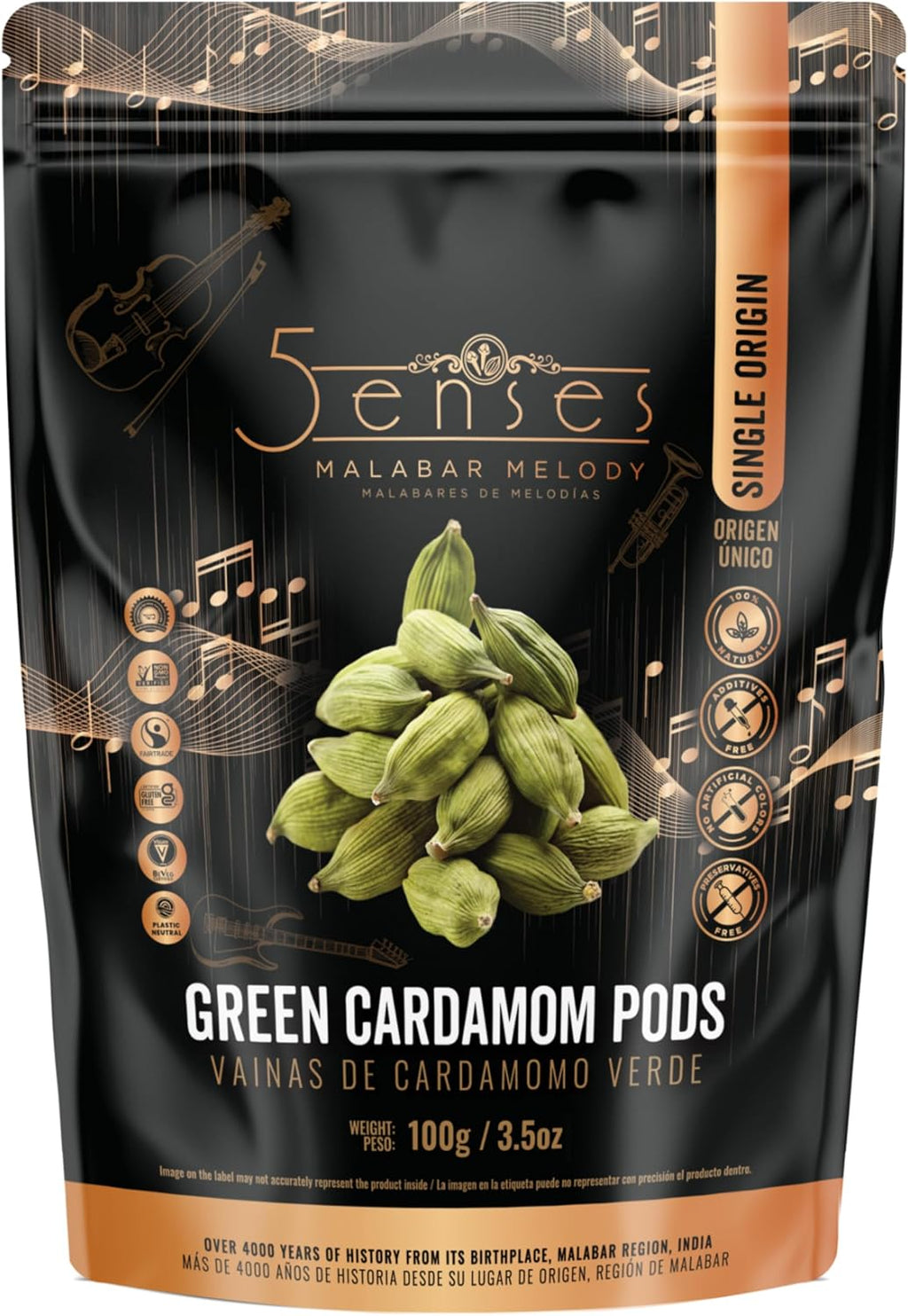 5Senses Green Malabar Cardamom Pods | Cardamomo | Malabar Melody | Whole Green Cardamom Pods | Single Origin Non-GMO Cardamom | Gourmet Spice, Baking Spice, Tea Spice, Indian Spice, Vegan, Gluten Free, Kosher Spices (3.5oz/100g)