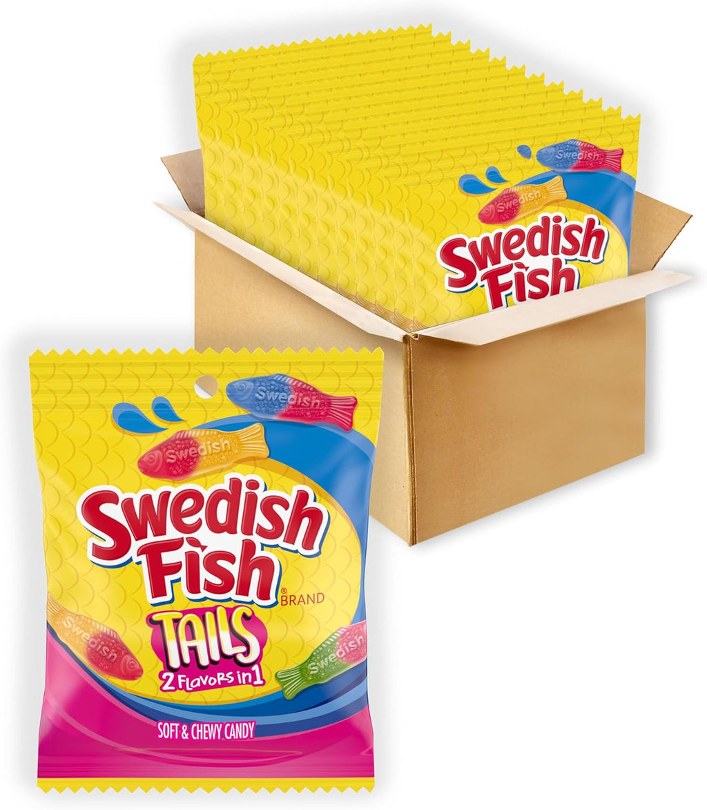 SWEDISH FISH Tails 2 Flavors in 1 Soft & Chewy Gummy Candy, Bulk Candy, 12 - 3.6 oz Bags