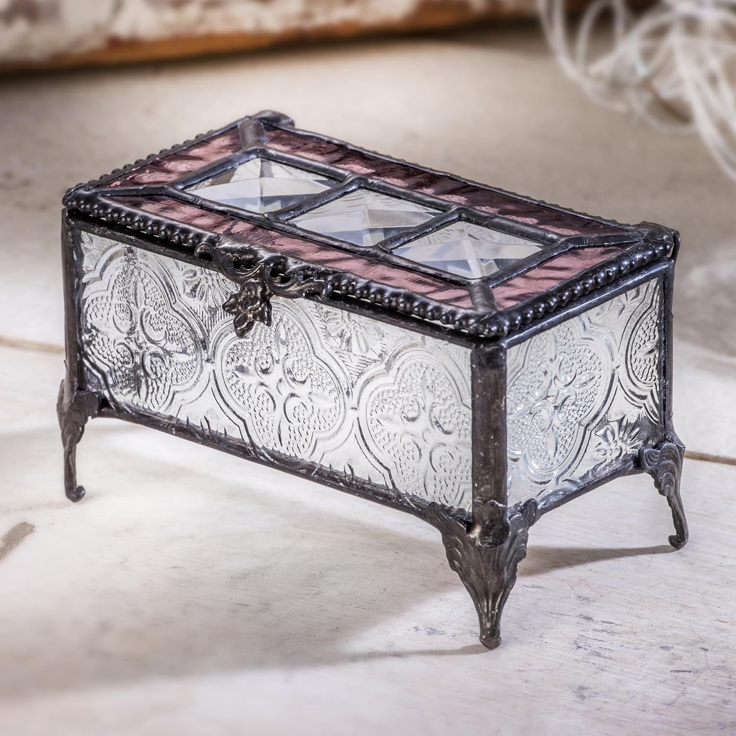 J Devlin - Vintage Stained Glass Jewelry Box Trinket Keepsake Display - Box 514 (Pink)