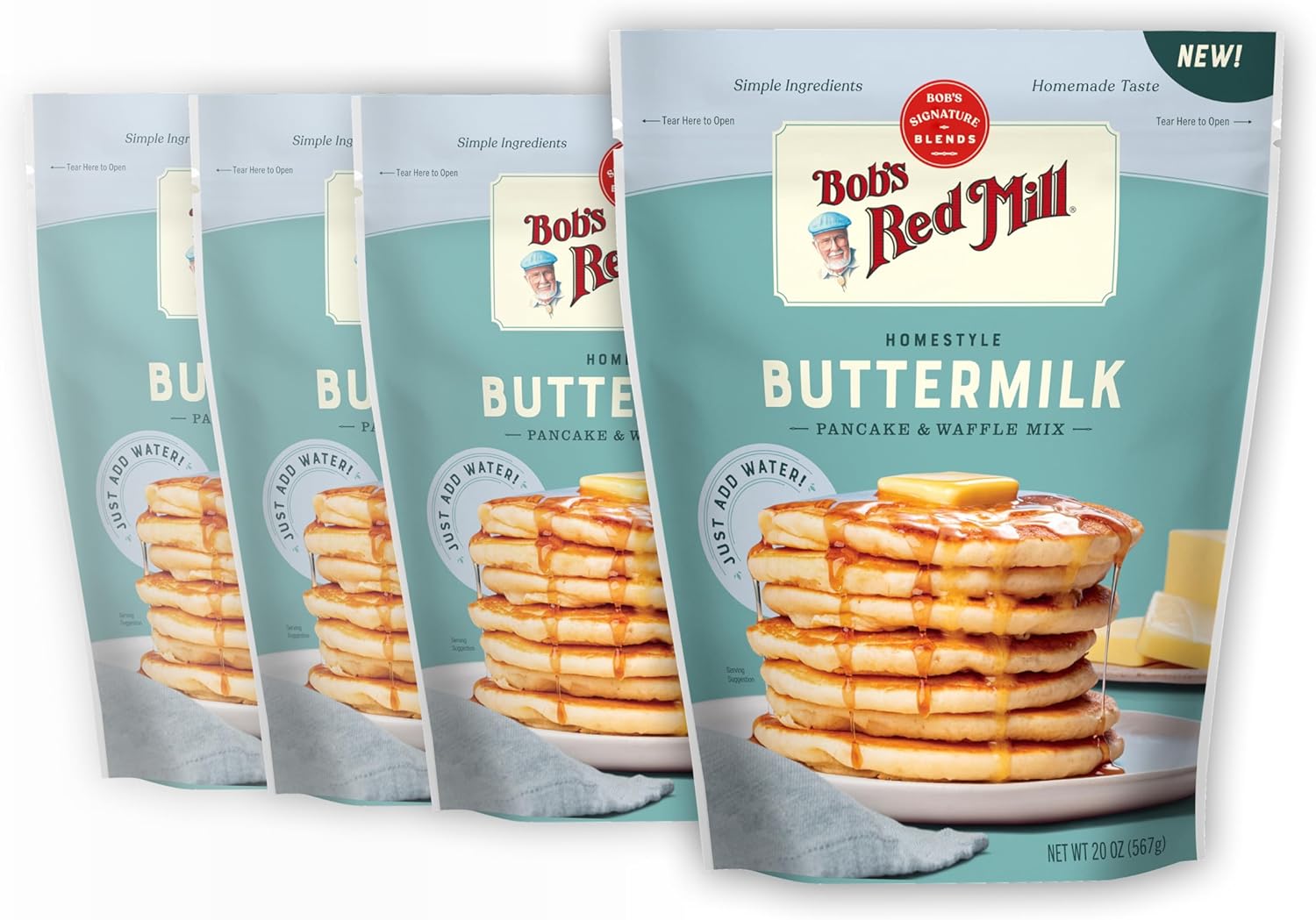 Bob's Red Mill Signature Buttermilk Pancake Mix, 20oz (Pack of 4)- Just Add Water, Makes 32-40 Pancakes per Bag