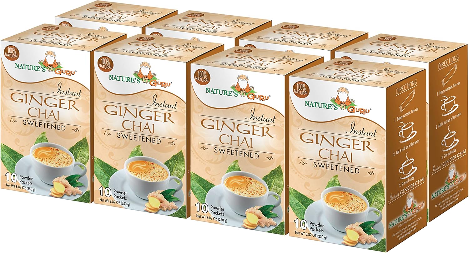 Nature's Guru Instant Ginger Chai Tea Drink Mix Sweetened 10 Count Single Serve On-the-Go Drink Packets (Pack of 8)
