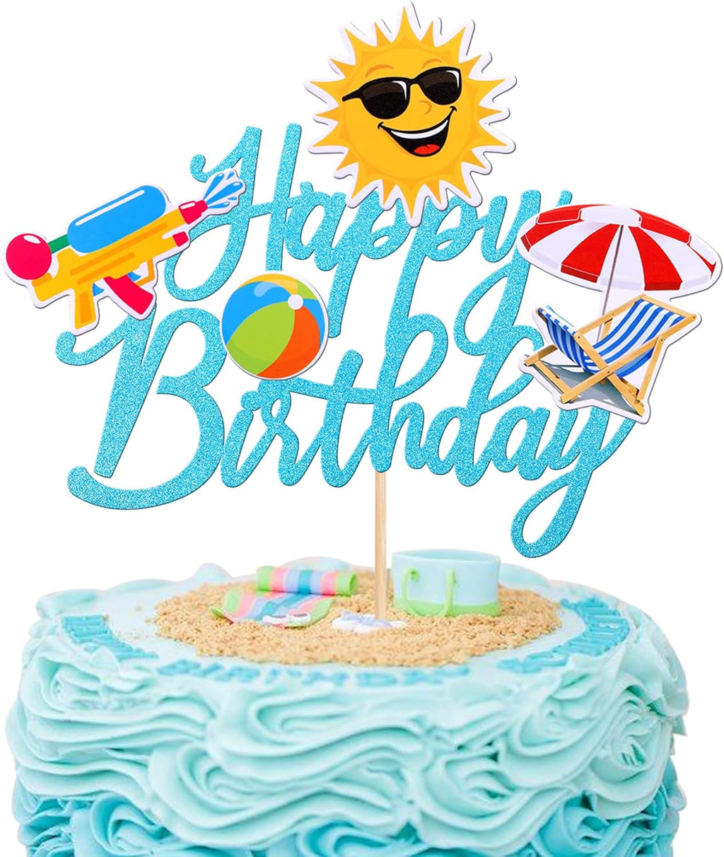 1 PCS Summer Beach Happy Birthday Cake Topper Glitter Ball Sun Umbrella Water Gun Pool Cake Pick for Hawaiian Holiday Baby Shower Birthday Party Cake Decorations Supplies Blue