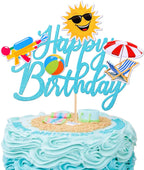 1 PCS Summer Beach Happy Birthday Cake Topper Glitter Ball Sun Umbrella Water Gun Pool Cake Pick for Hawaiian Holiday Baby Shower Birthday Party Cake Decorations Supplies Blue