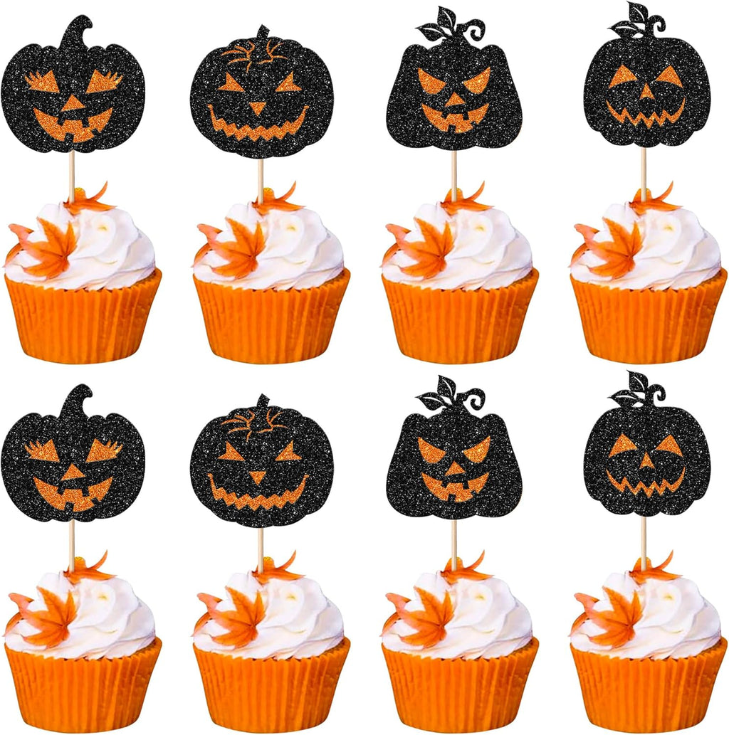 Rsstarxi 24 Pack Halloween Pumpkin Cupcake Toppers, Glitter Jack-O-Lantern, Perfect for Pumpkin, Fall, Baby Shower, Birthday, Halloween, Thanksgiving Parties