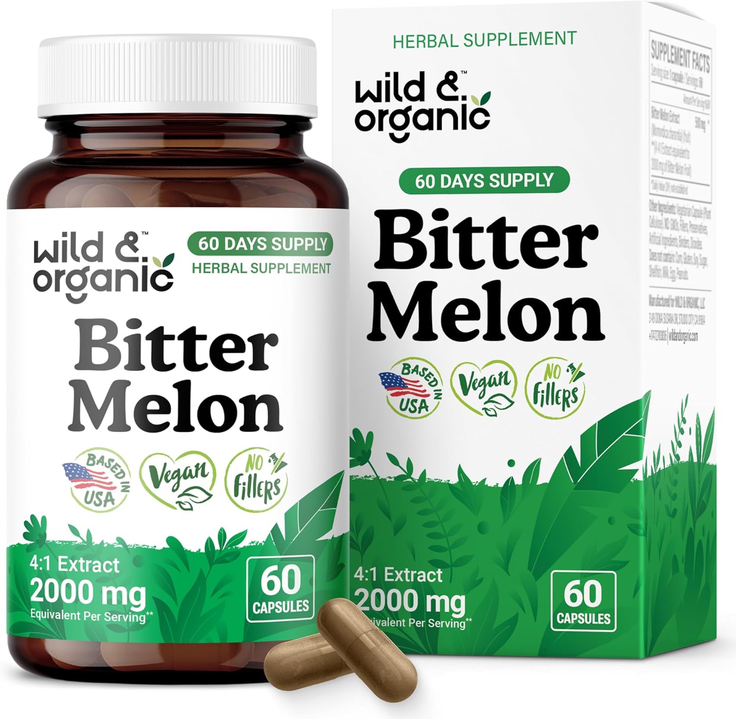 Wild & Organic Bitter Melon Capsules 500 mg - Overall & Digestive Support - Bitter Melon Extract Supplement - Momordica Charantia Capsules - Vegan, No Fillers, Non-GMO - 60 Count