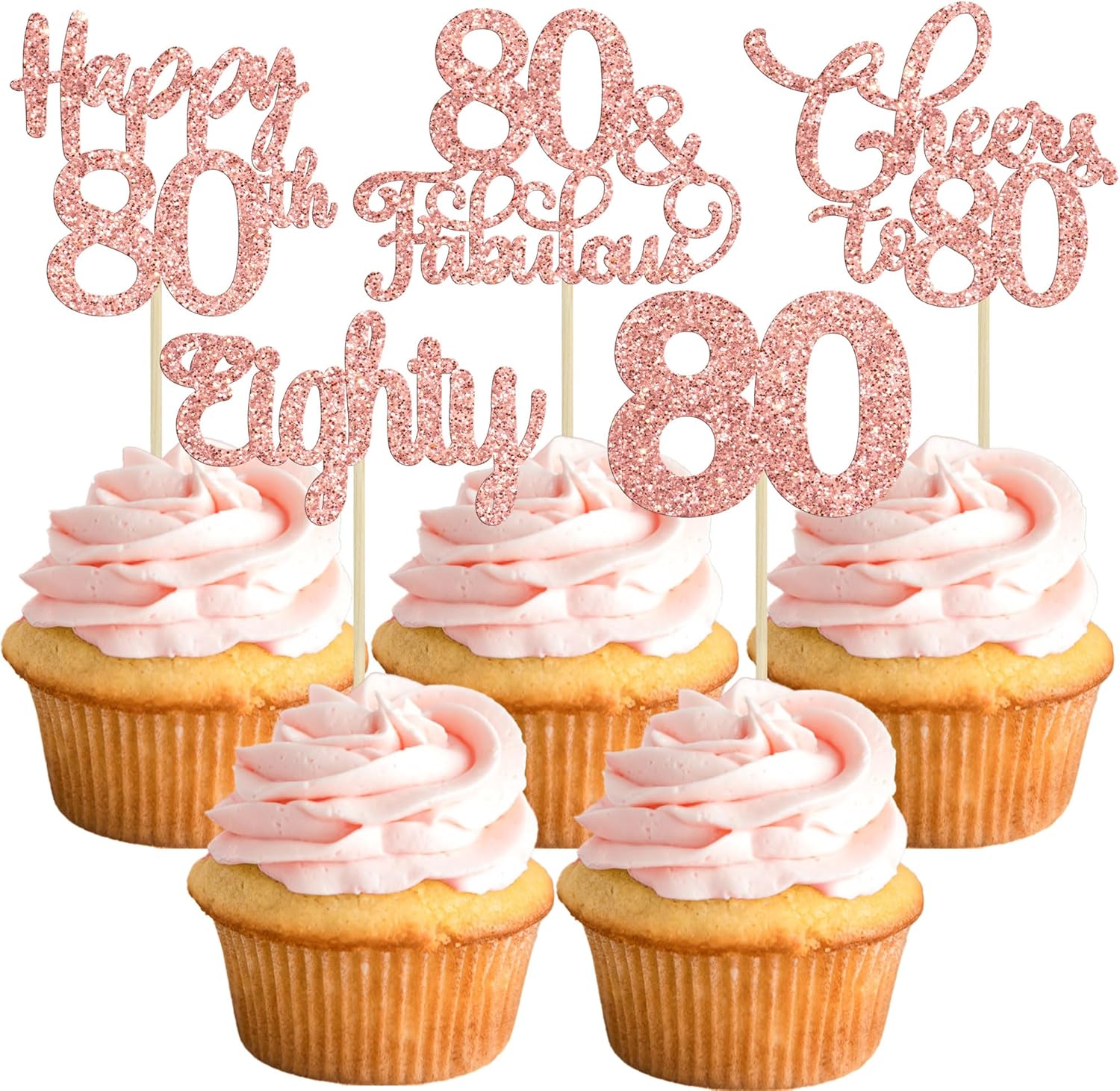 30 Pack Happy 80th Birthday Cupcake Toppers Rose Gold Glitter Eighty Cheers to 80 Years Old Birthday Cupcake Picks for Happy 80th Anniversary Party Cake Decorations