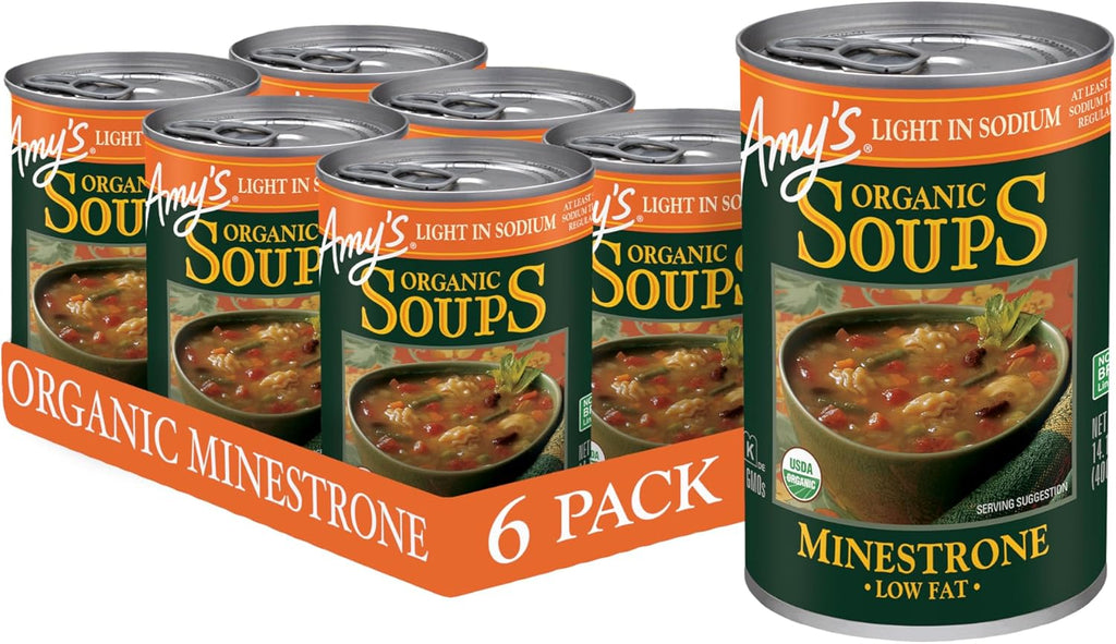 Amy’s Soup, Vegan Minestrone, Light in Sodium, Made With Organic Vegetables, Beans and Pasta in Tomato Broth, Canned Soup, 14.1 Oz (6 Pack)