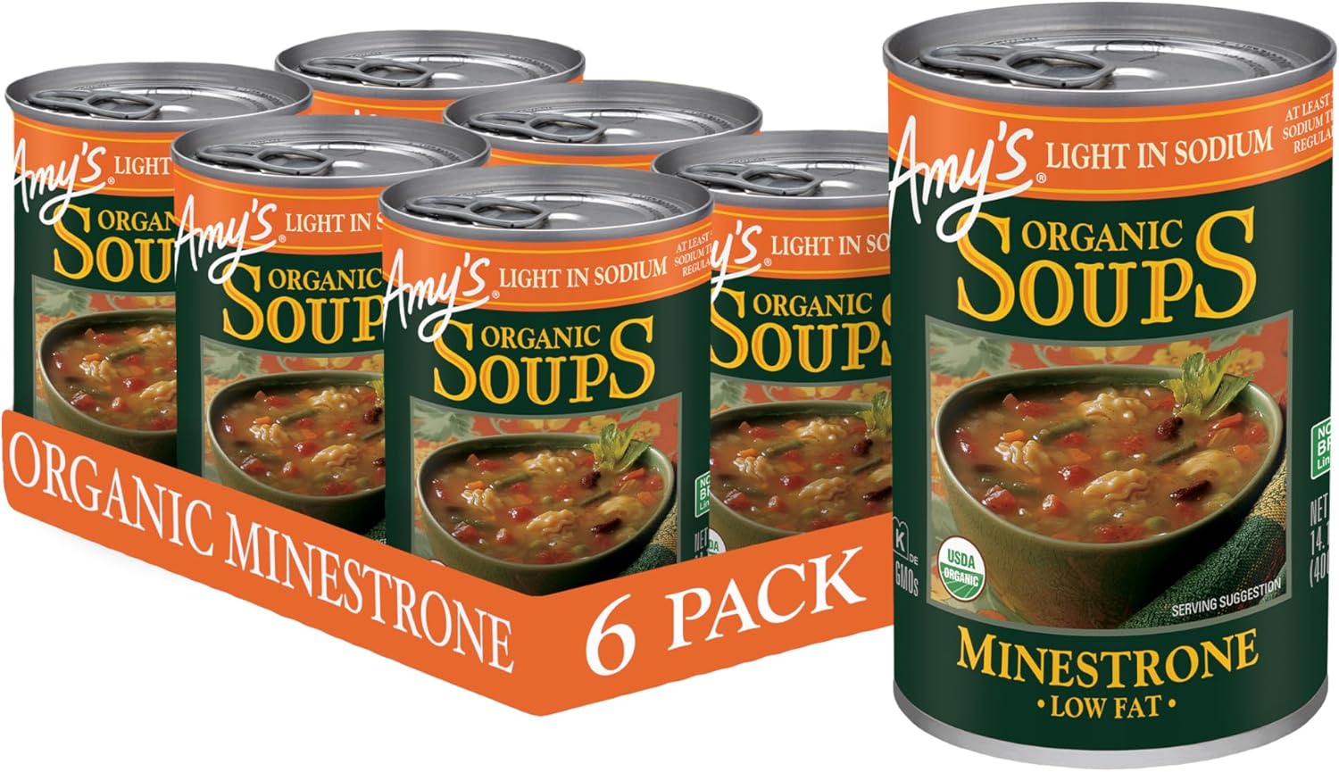 Amy’s Soup, Vegan Minestrone, Light in Sodium, Made With Organic Vegetables, Beans and Pasta in Tomato Broth, Canned Soup, 14.1 Oz (6 Pack)