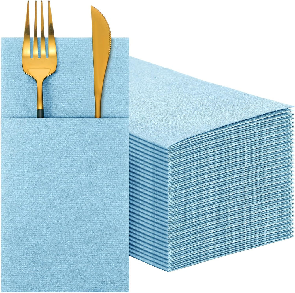 Cindeer 75 Pcs Light Blue Linen Dinner Feel Napkins with Built in Flatware Pocket Prefolded Paper Disposable Airlaid Guest Hand Towel for Silverware Wedding Reception Christmas Baby Shower