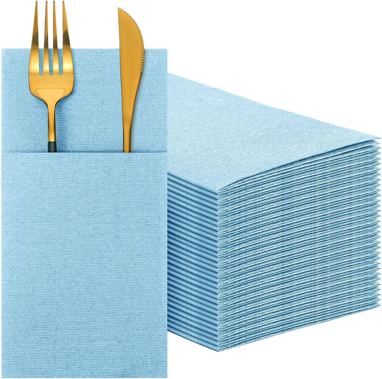 Cindeer 75 Pcs Light Blue Linen Dinner Feel Napkins with Built in Flatware Pocket Prefolded Paper Disposable Airlaid Guest Hand Towel for Silverware Wedding Reception Christmas Baby Shower