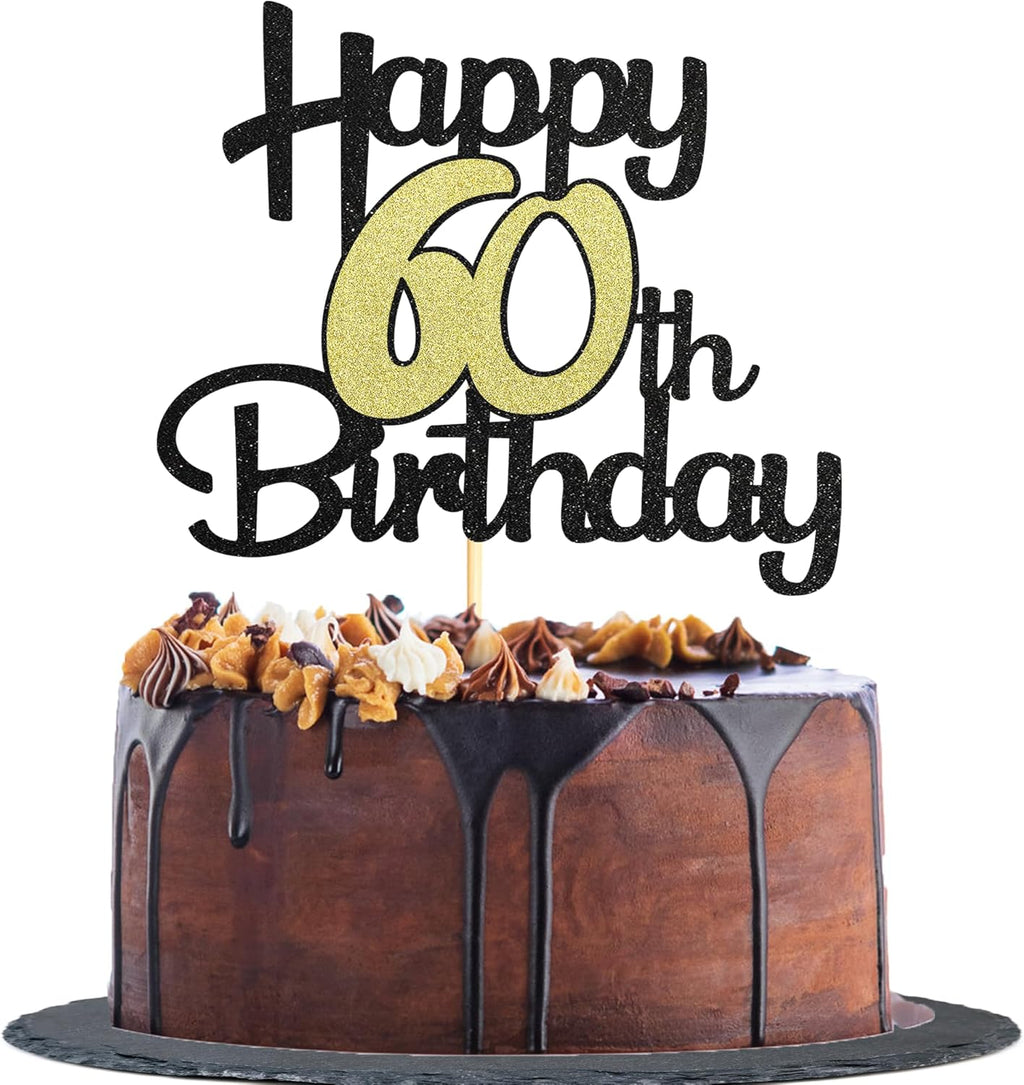 Sotpot 1 Pack 60th Cake Topper Black Gold Glitter 60th Birthday Cake Decorations for 60th Birthday Party Anniversary Party Supplies