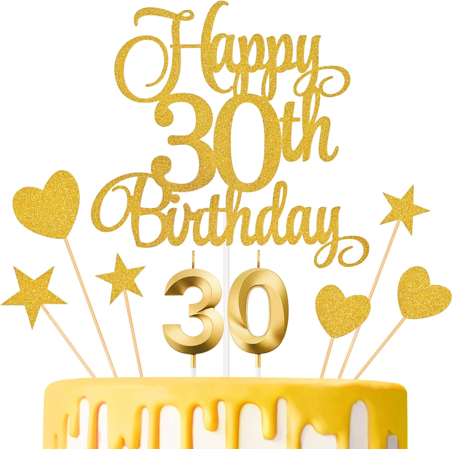 30th Birthday Cake Toppers, 30th Birthday Candles Numeral Candles and Glitter Cake Decorations Toppers Set for Party Supplies (Gold)