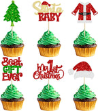 Gyufise 24Pcs Santa Baby Cupcake Toppers - Glitter My First Christmas Baby Shower Picks - Merry Christmas Cake Decorations for Gender Reveal Kids Birthday Party Supplies