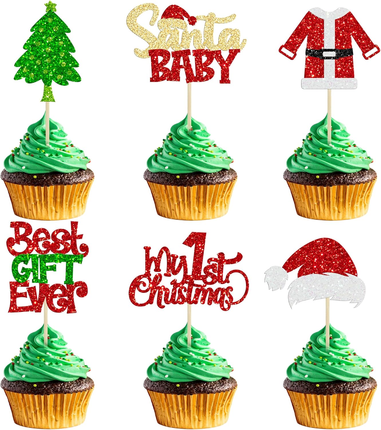 Gyufise 24Pcs Santa Baby Cupcake Toppers - Glitter My First Christmas Baby Shower Picks - Merry Christmas Cake Decorations for Gender Reveal Kids Birthday Party Supplies