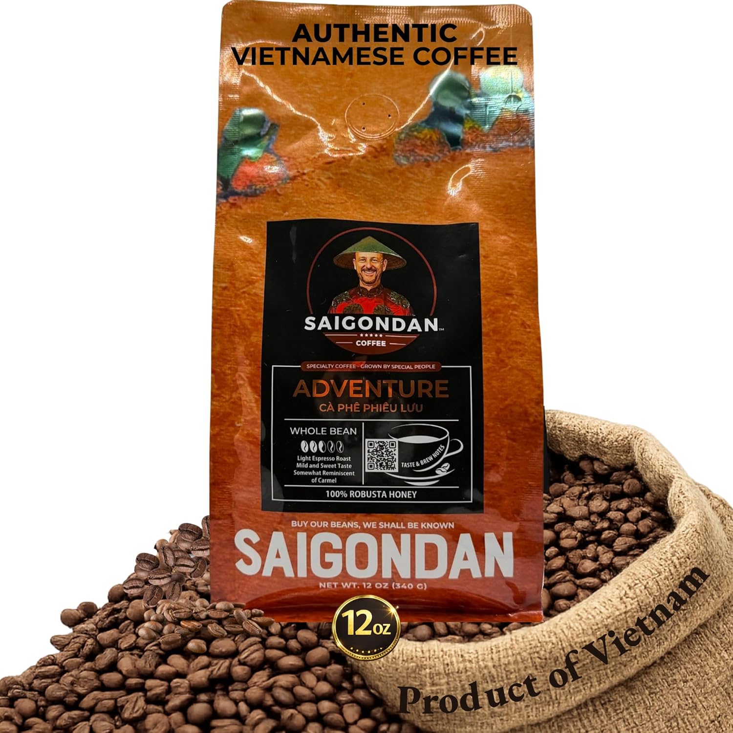 Vietnamese Whole Bean Coffee - Saigondan Adventure 100% Robusta Light Espresso Roast - Premium Single Origin, Direct Trade Vietnamese Coffee - 12 oz