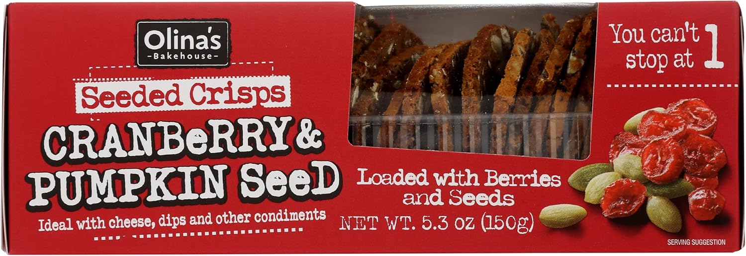 Olina's Bakehouse Cranberry & Pumpkin Seed Seeded Crisps, 5.3 Ounces (Pack Of 12)