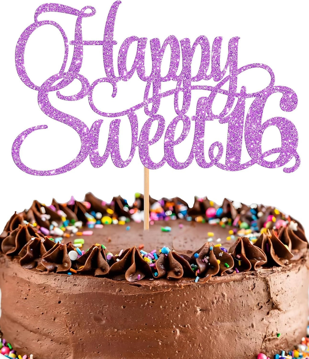 Happy Sweet 16 Cake Topper - Glitter Purple 16th Birthday Cake Decorations, Sixteen Year Old Cake Smash Decor, Happy Sweet 16 Sign Cake Top Photo Booth Props (Purple), S16-all