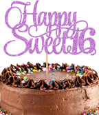 Happy Sweet 16 Cake Topper - Glitter Purple 16th Birthday Cake Decorations, Sixteen Year Old Cake Smash Decor, Happy Sweet 16 Sign Cake Top Photo Booth Props (Purple), S16-all