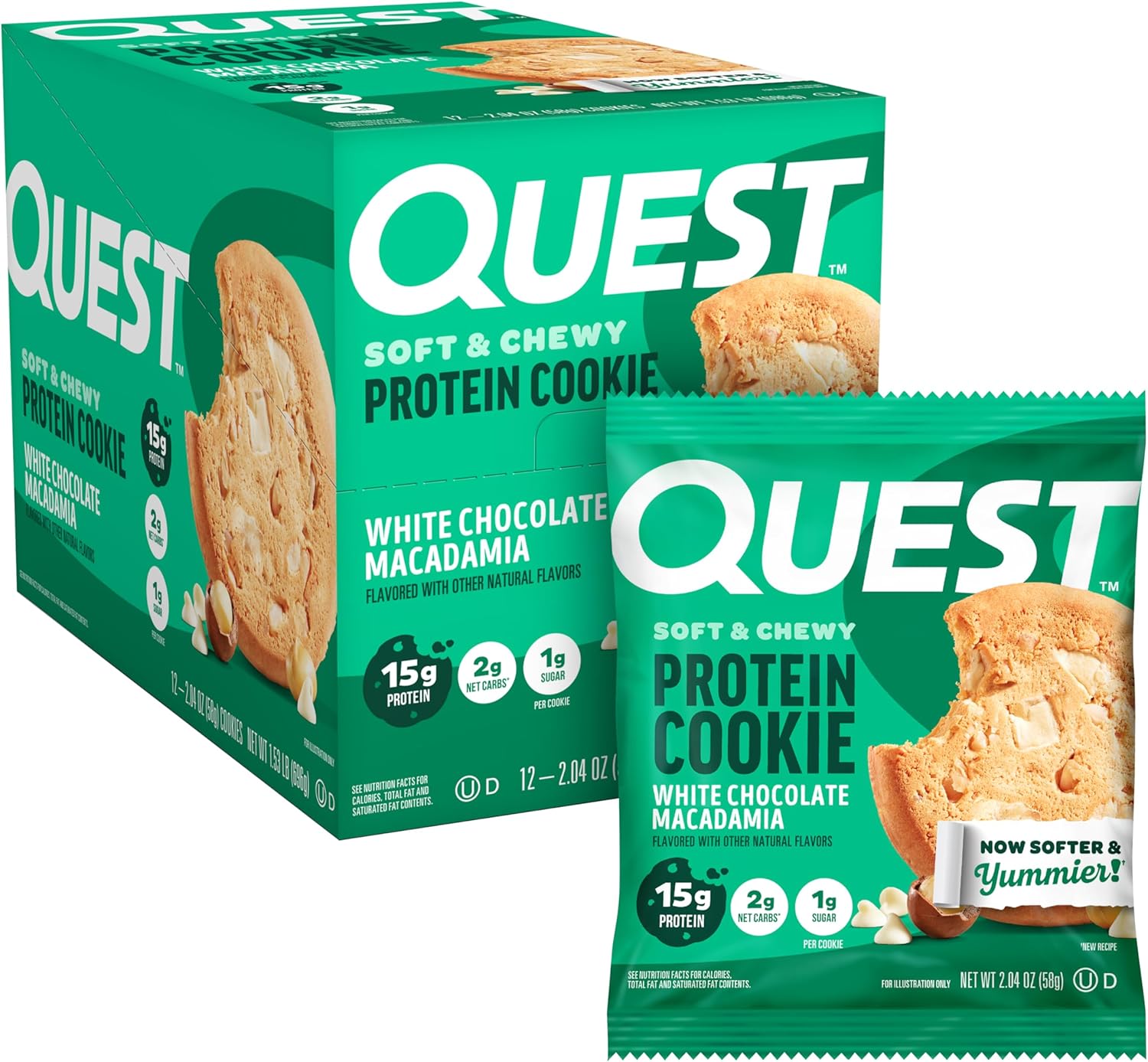 Quest Nutrition White Chocolate Macadamia Protein Cookie, 15g Protein, 1g Sugar, 2g Net Carbs, Keto Friendly, High Protein, Low Carb; 12 Count