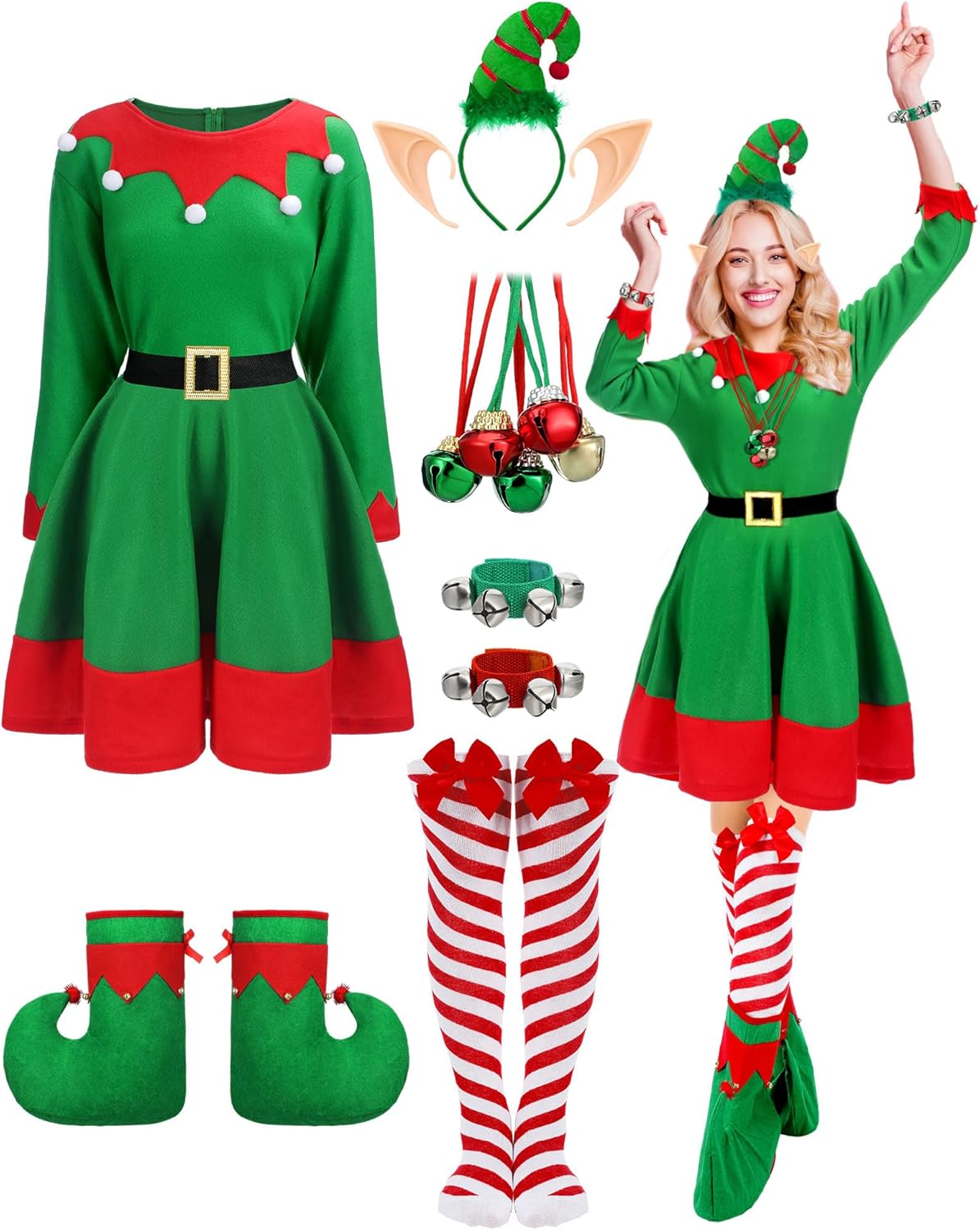 Suhine 12 Pcs Women Christmas Elf Costume Santa's Helpers Dress Outfit Elf Hat Bells Ears Shoes Xmas Fancy for Party