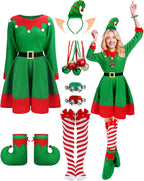Suhine 12 Pcs Women Christmas Elf Costume Santa's Helpers Dress Outfit Elf Hat Bells Ears Shoes Xmas Fancy for Party
