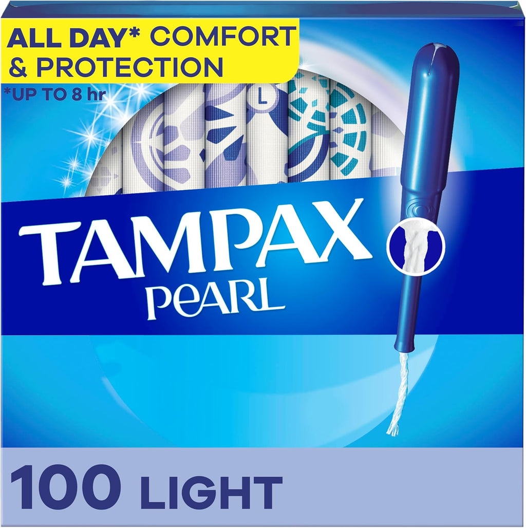 Tampax Pearl Tampons for Women, with LeakGuard Braid, Light Absorbency, Unscented, 100 Count (2 Packs of 50) (Packaging May Vary)