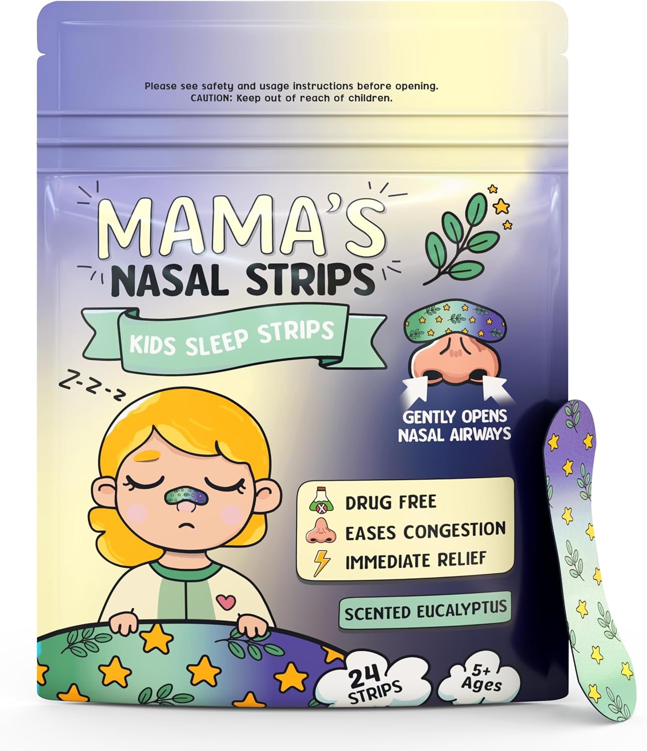 Mama's Eucalyptus Kids Nose Strips for Breathing - Hypoallergenic and Soft, Nasal Strips for Snoring - Nose Tape for Nasal Congestion Relief - Clean, Safe Snore Stopper for Sleep - 24 Count, 5+ Ages