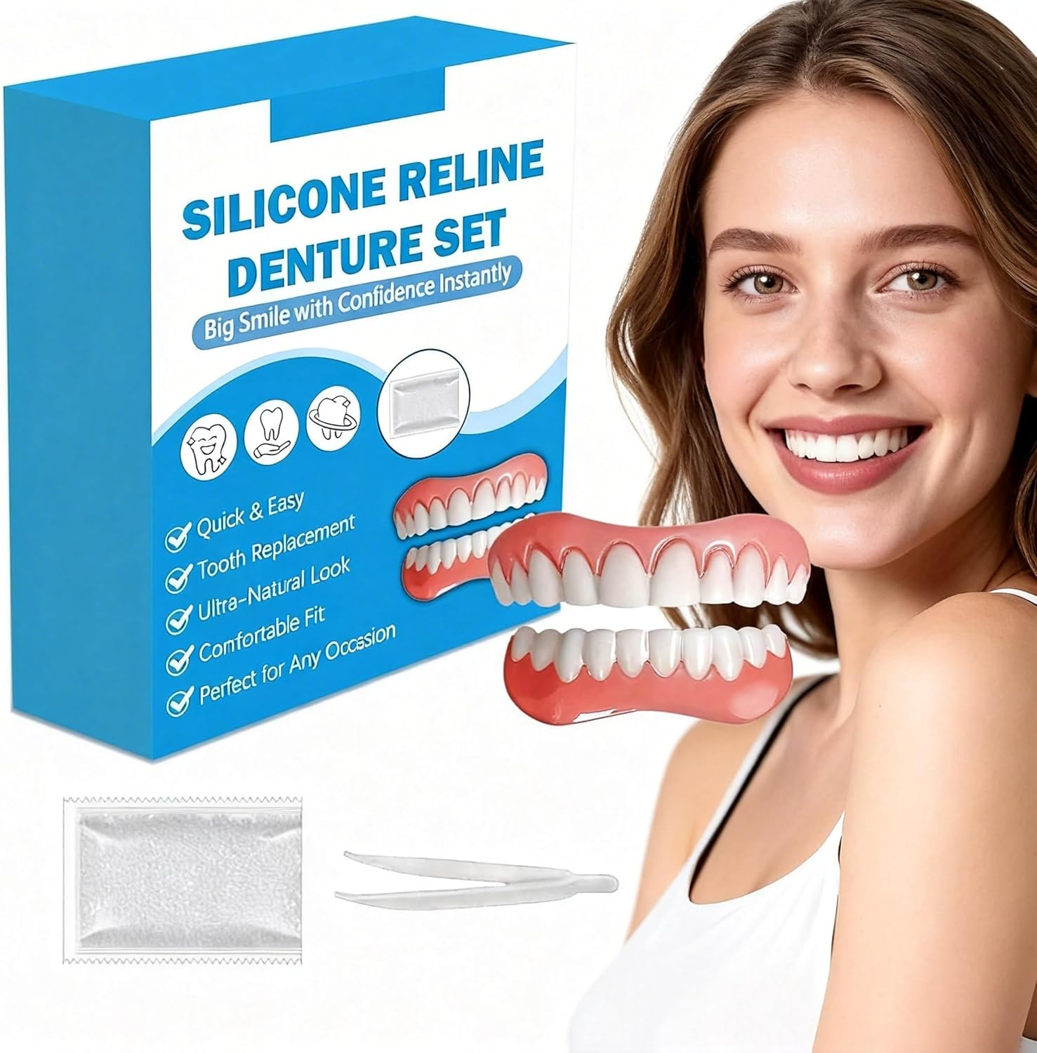 1Pcs Full Set of Silicone Dentures, Complete Moldable False Teeth for Men Women Comfortable