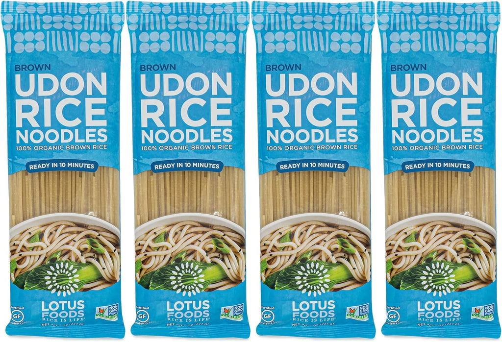 Lotus Foods Organic Brown Udon Rice Noodles - Gluten Free Udon Noodles, Organic Brown Rice Noodles, Vegan Asian Style Noodles, Whole Grain, Non GMO - 8 oz (Pack of 4)