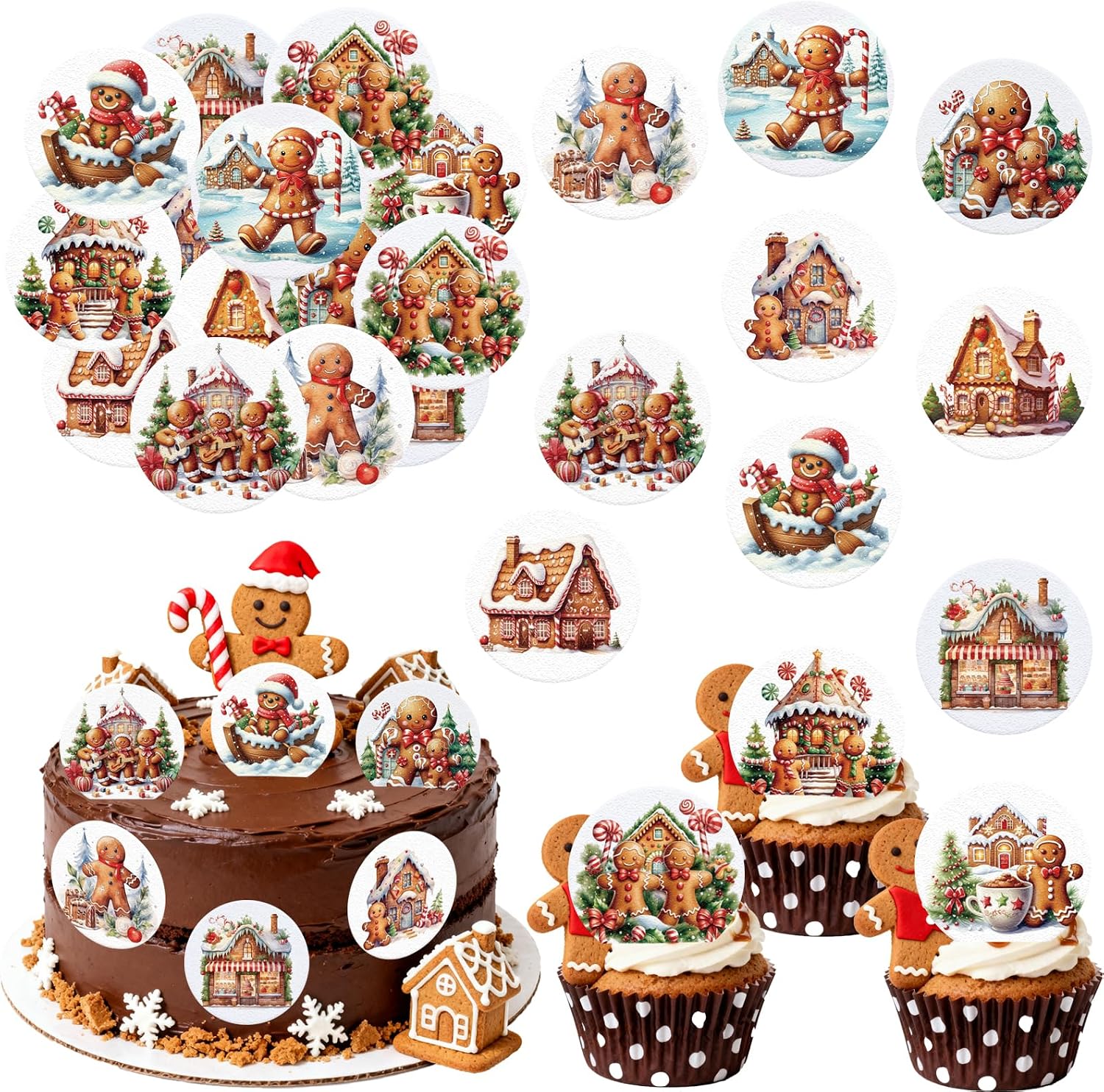 36PCS Edible Gingerbread Cupcake Toppers Wafer Paper Bread Man Christmas Tree Cupcake Toppers for Merry Christmas Theme Party Baby Shower Birthday Decor Supplies