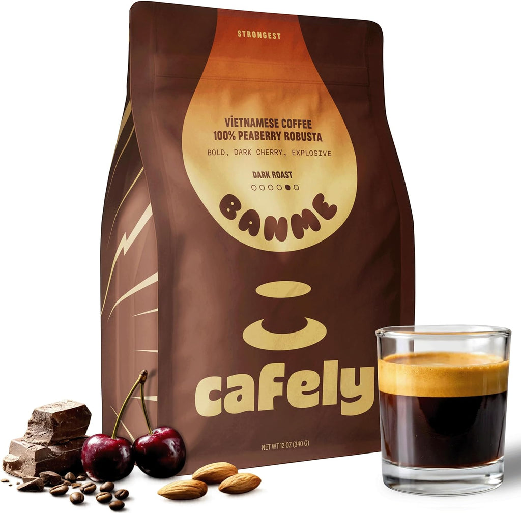 Cafely BanMe - Rare Peaberry Robusta Whole Bean Vietnamese Coffee – Dark Roast, High Caffeine (Rich & Intense), Thick Crema, Low Acid, Single Origin, Direct Trade, For Espresso, Phin, French Press, 12 oz