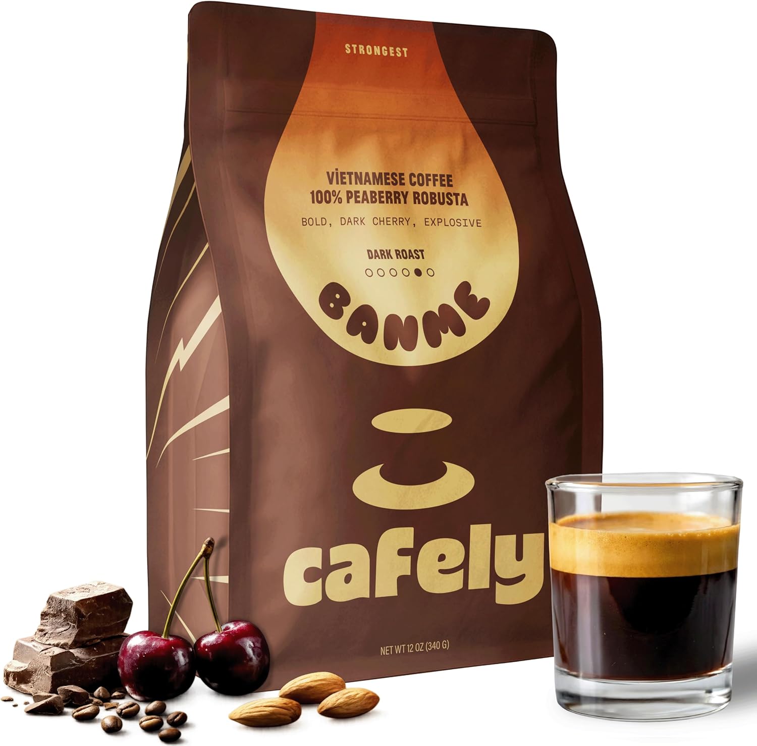 Cafely BanMe - Rare Peaberry Robusta Whole Bean Vietnamese Coffee – Dark Roast, High Caffeine (Rich & Intense), Thick Crema, Low Acid, Single Origin, Direct Trade, For Espresso, Phin, French Press, 12 oz