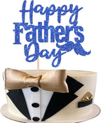 1 Pack Happy Father's Day Cake Topper Glitter Love Dad Cake Pick Super Dad Moustache Cake Decoration for Happy Father's day Theme Men Birthday Party Supplies Blue