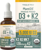 Organic Plant D3 + K2 (5000 iu D3) - All-Trans MK7 from MenaQ7 (120 mcg K2) - 100% Organic & Plant-Based Sublingual D3 Drops (Cholecalciferol), 100% Vegan - Supports Immunity, Bone(1oz)