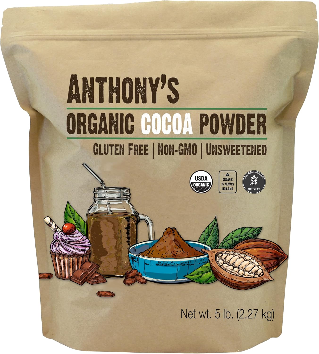 Anthony's Organic Cocoa Powder, 5 lb, Unsweetened, Gluten Free, Non GMO