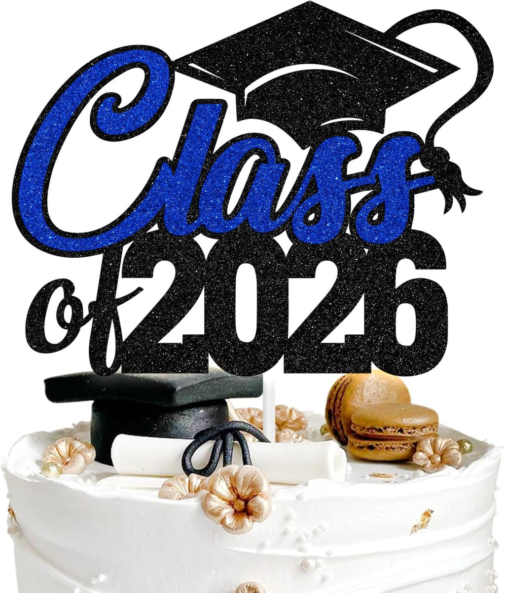 Aeryourtar Class of 2026 Cake Topper, Congrats Grad 2026 Graduation Cake Decor, So Proud of You, High School/College Graduate Celebration Party Decoration Supplies, Black and Blue Glitter