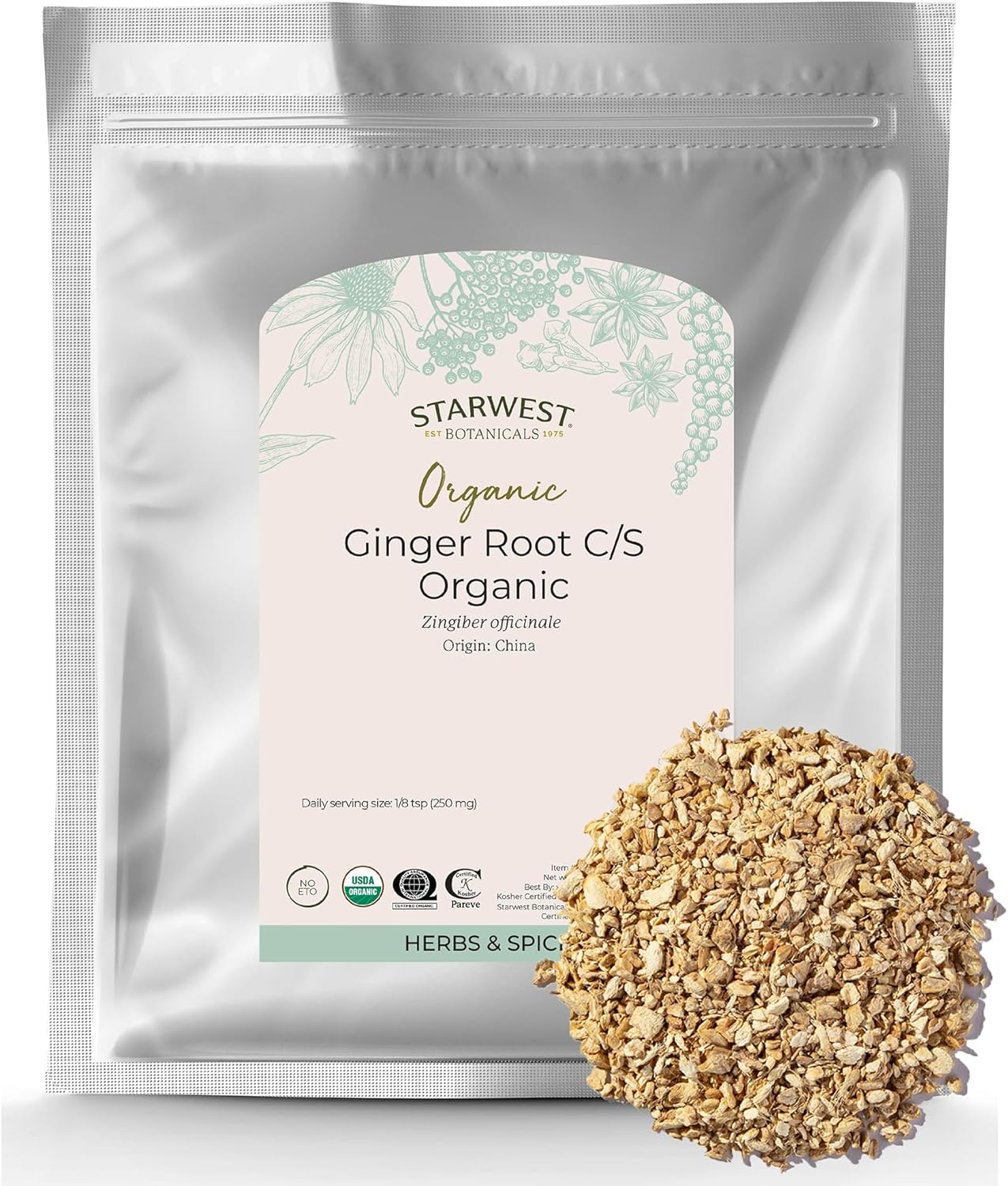 Starwest Botanicals Organic Ginger Root - Dried Ginger Herb for Tea, Baking, & Cooking, Cut and Sifted, Natural Herbal Spice, Certified Kosher, Non-GMO - Bulk 1 lb Bag