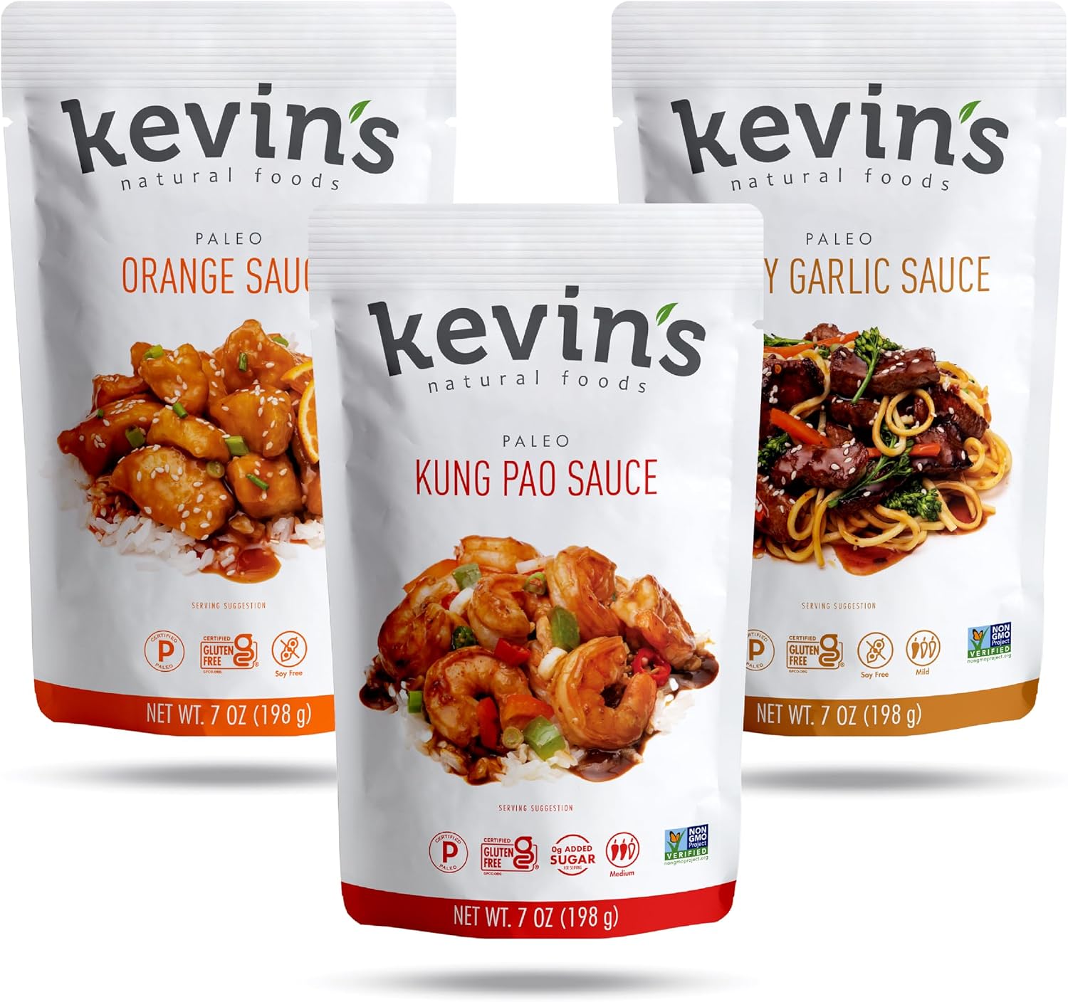 Kevin's Natural Foods Paleo Simmer Sauce Variety Pack - Stir-Fry Sauce, Gluten Free, No Preservatives, Non-GMO - 3 Pack (Orange/Kung Pao/Honey Garlic)