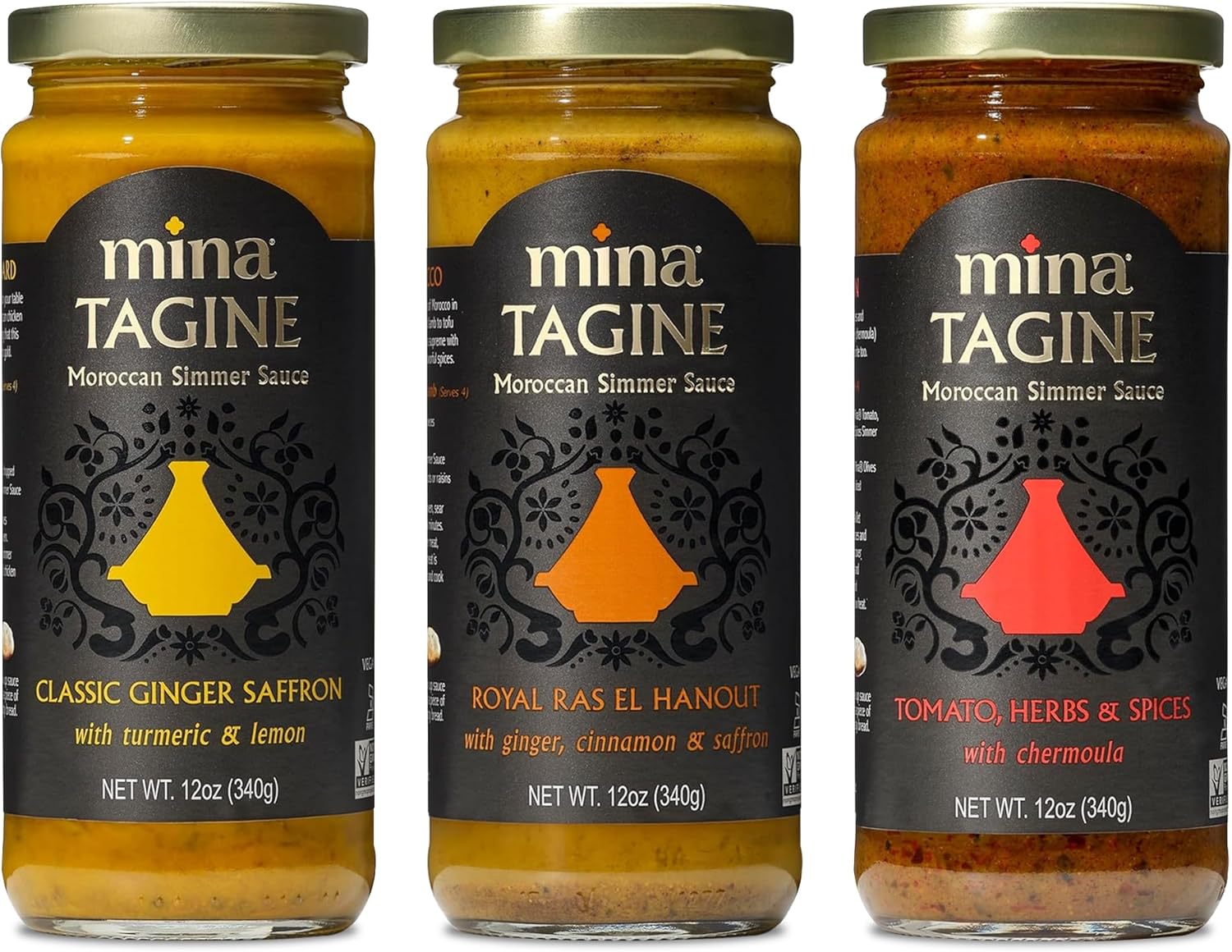 Mina Tagine Moroccan Simmer Sauce Bundle – Royal Ras El Hanout, Chermoula, and Classic Ginger Saffron – 12 oz Each – Non-GMO, Gluten-Free, Made with Olive Oil, Authentic Moroccan Spices