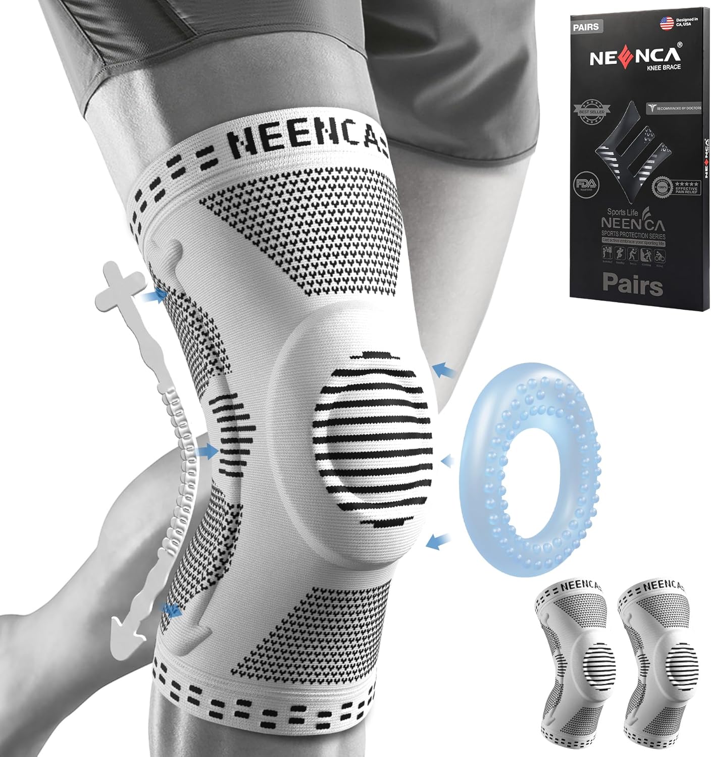 NEENCA 2 Pack Knee Braces for Knee Pain, Compression Knee Sleeves with Patella Gel Pad & Side Stabilizers, Knee Support for Meniscus Tear, Arthritis, Joint Pain, ACL, Runner, Workout