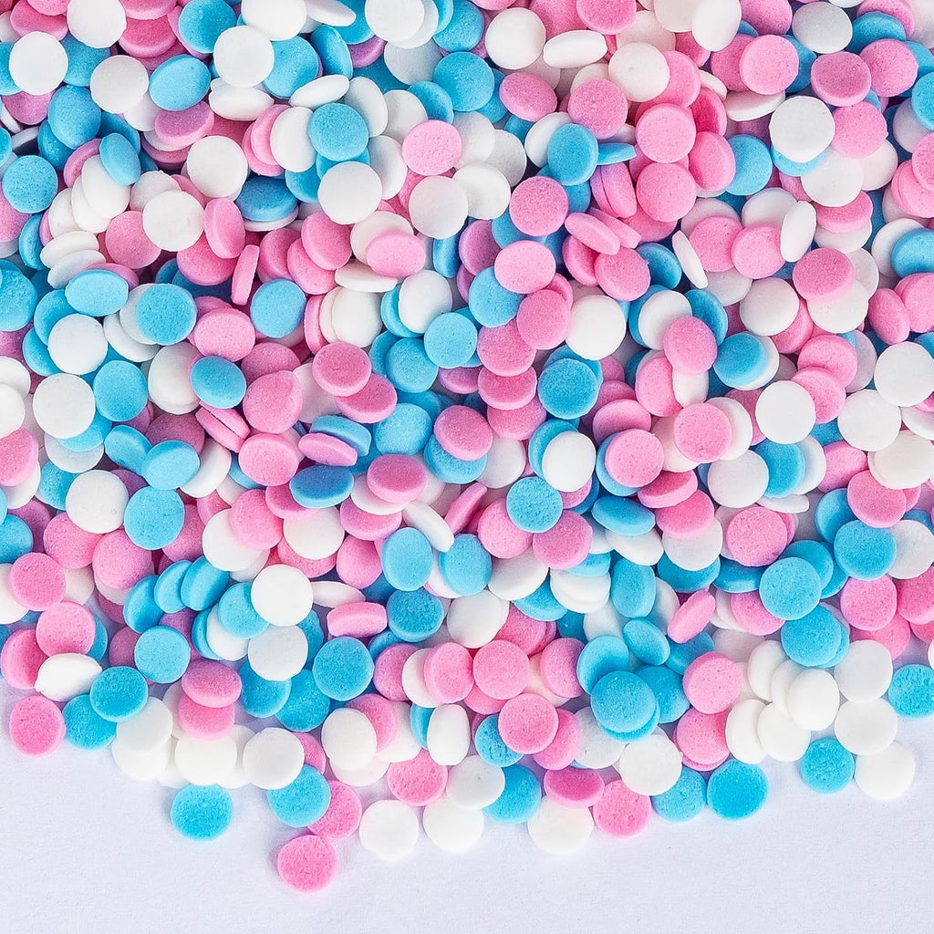 Edible Pastel Sprinkles for Cake Decorating,Pink Blue White Round Confetti Sprinkle,Princess Sugar Sprinkle Circular Candy for Cake Baking,Cupcake Cookie Donut Desserts Decorations,Gender Reveal Baby Shower Birthday Party Supplies